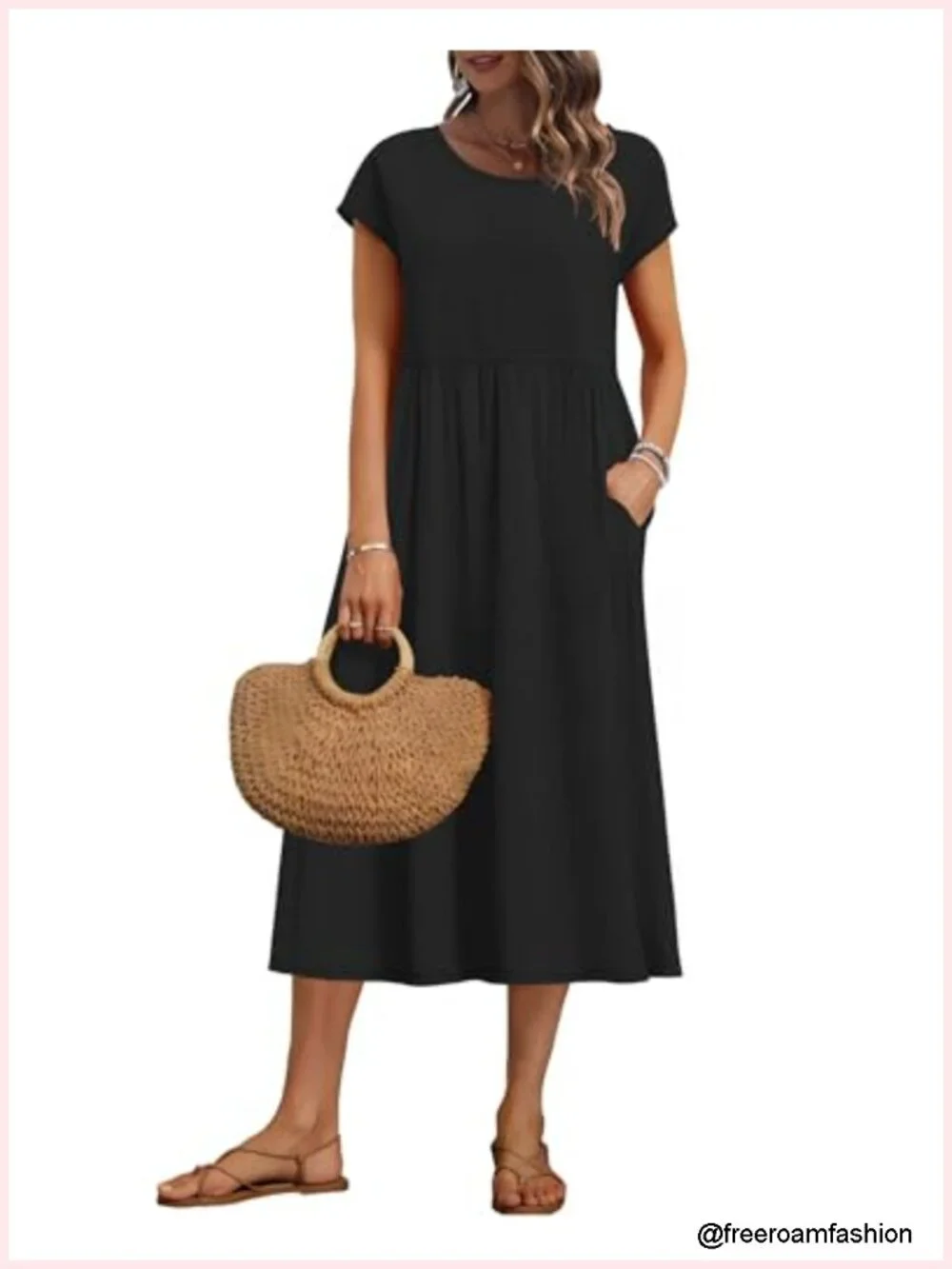 Women's Summer Short Sleeve Midi Dress with Pockets Loose Fit
